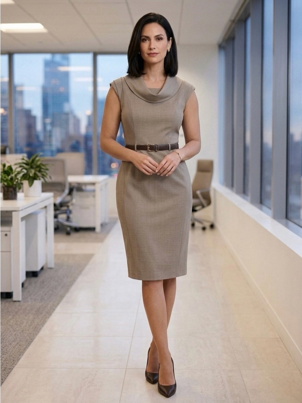 Antonio Melani Sleeveless Cowl Neck Sheath Dress in Taupe with Belt